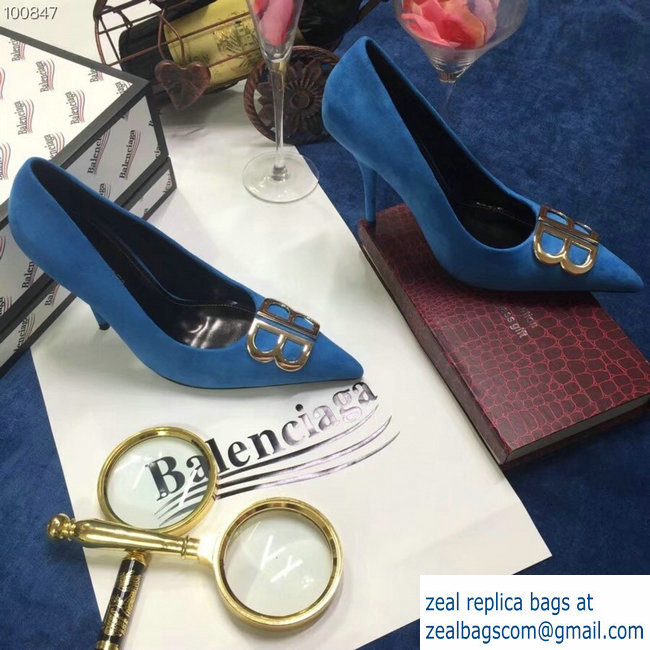 Balenciaga Heel 10cm Pointed Toe BB Pumps Denim Blue 2018 - Click Image to Close