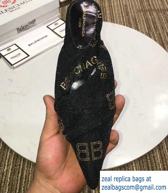 Balenciaga Heel 4cm Knife Draped Stretch Jersey Satin Mules BB Logo Black 2019