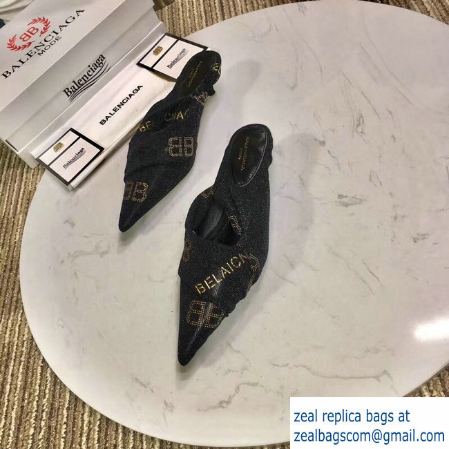 Balenciaga Heel 4cm Knife Draped Stretch Jersey Satin Mules BB Logo Black 2019 - Click Image to Close