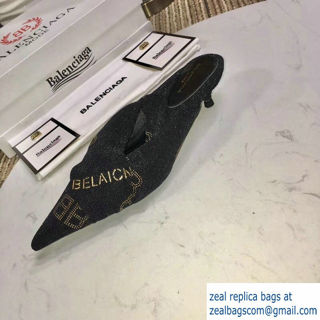 Balenciaga Heel 4cm Knife Draped Stretch Jersey Satin Mules BB Logo Black 2019 - Click Image to Close