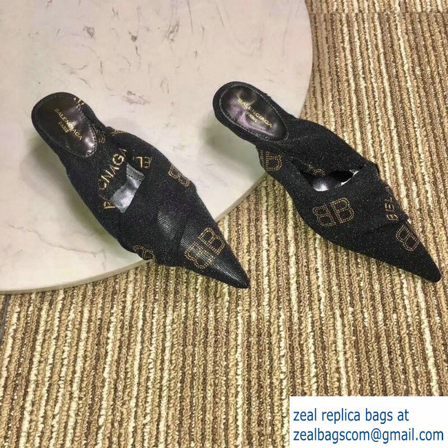 Balenciaga Heel 4cm Knife Draped Stretch Jersey Satin Mules BB Logo Black 2019 - Click Image to Close