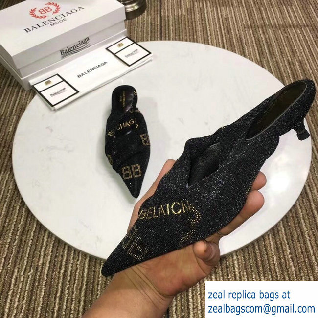 Balenciaga Heel 4cm Knife Draped Stretch Jersey Satin Mules BB Logo Black 2019