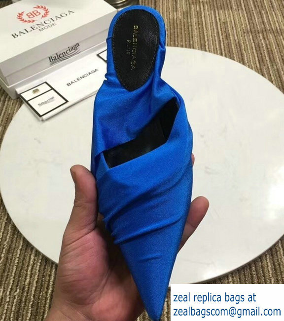 Balenciaga Heel 4cm Knife Draped Stretch Jersey Satin Mules Blue 2019