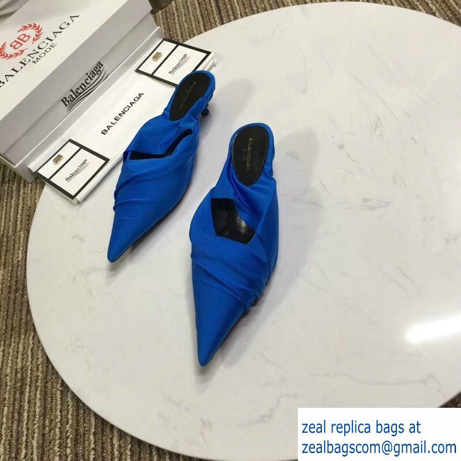 Balenciaga Heel 4cm Knife Draped Stretch Jersey Satin Mules Blue 2019