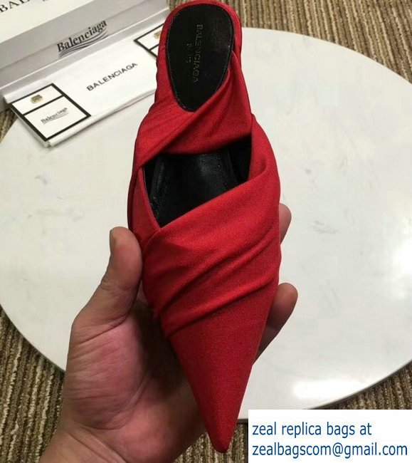 Balenciaga Heel 4cm Knife Draped Stretch Jersey Satin Mules Red 2019