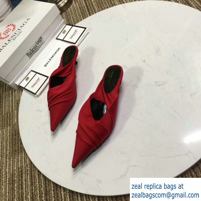 Balenciaga Heel 4cm Knife Draped Stretch Jersey Satin Mules Red 2019