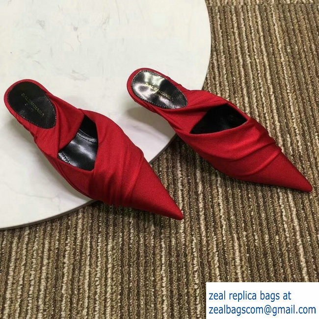 Balenciaga Heel 4cm Knife Draped Stretch Jersey Satin Mules Red 2019