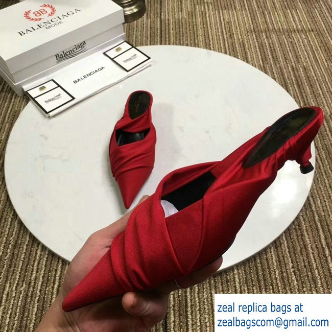 Balenciaga Heel 4cm Knife Draped Stretch Jersey Satin Mules Red 2019