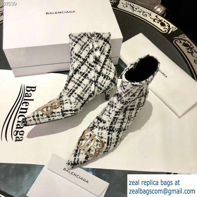 Balenciaga Heel 4cm Pointed Toe BB Booties Tweed Black/White 2018