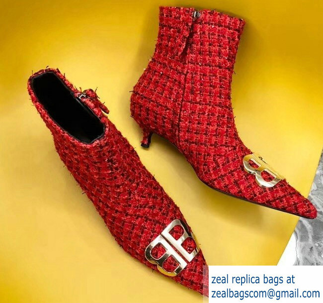 Balenciaga Heel 4cm Pointed Toe BB Booties Tweed Red 2018