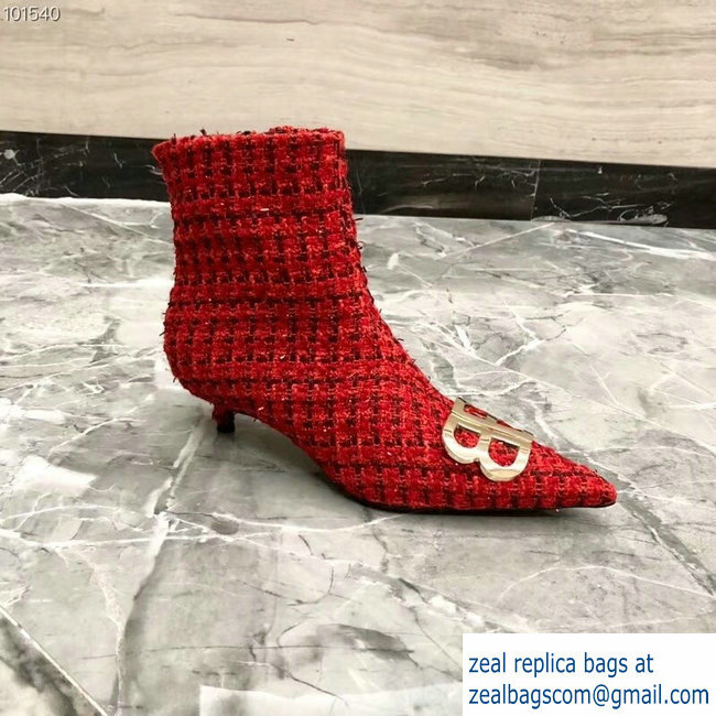 Balenciaga Heel 4cm Pointed Toe BB Booties Tweed Red 2018