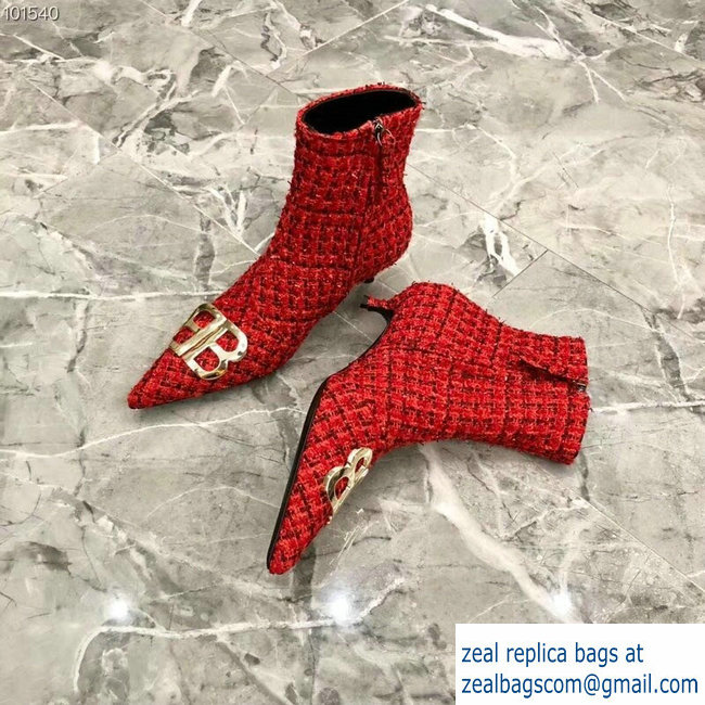 Balenciaga Heel 4cm Pointed Toe BB Booties Tweed Red 2018