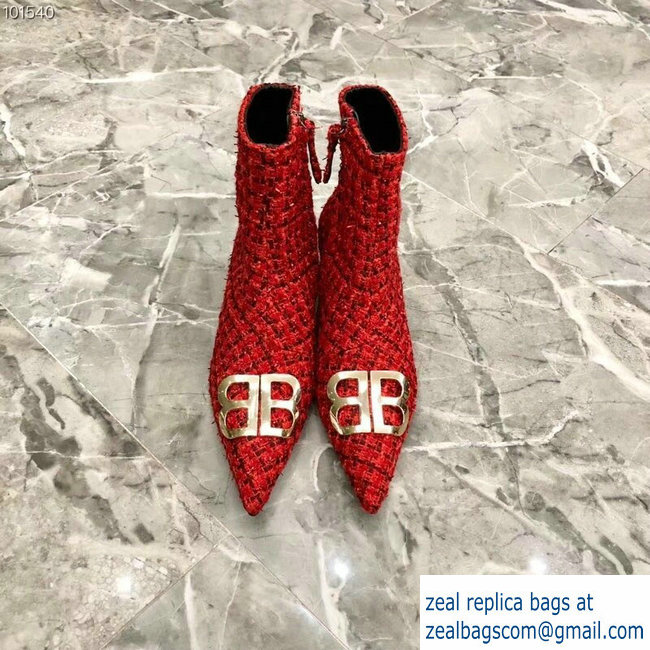 Balenciaga Heel 4cm Pointed Toe BB Booties Tweed Red 2018