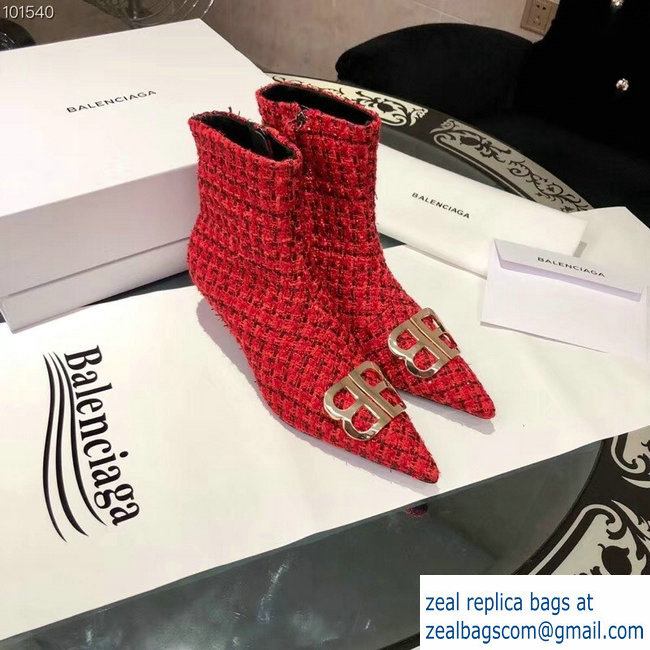 Balenciaga Heel 4cm Pointed Toe BB Booties Tweed Red 2018