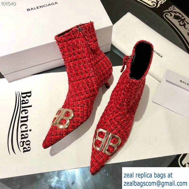 Balenciaga Heel 4cm Pointed Toe BB Booties Tweed Red 2018 - Click Image to Close