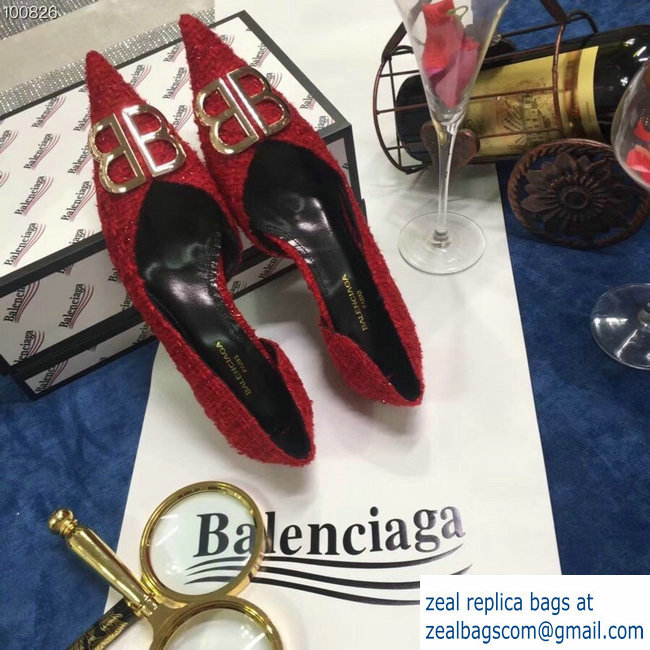 Balenciaga Heel 4cm Pointed Toe BB Pumps Tweed Red 2018