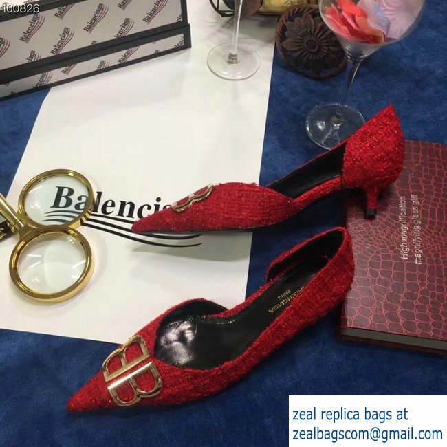 Balenciaga Heel 4cm Pointed Toe BB Pumps Tweed Red 2018