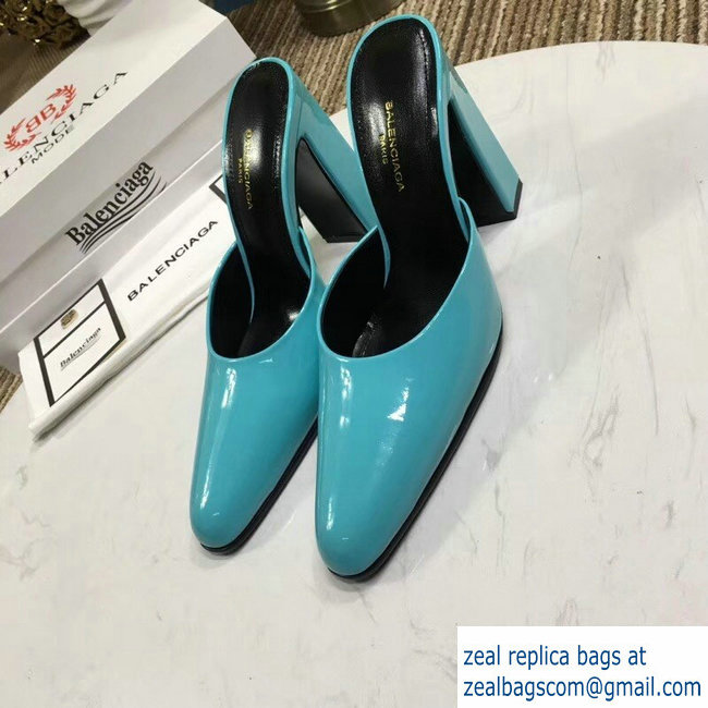 Balenciaga Heel 9cm Round Toe Calfskin Mules Turquoise 2019