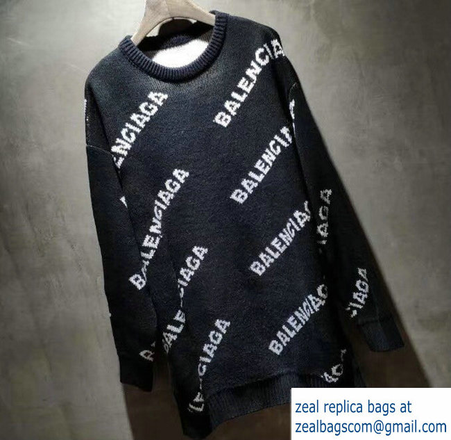 Balenciaga Jacquard All Over Logo Crewneck Sweater Black 2018 - Click Image to Close