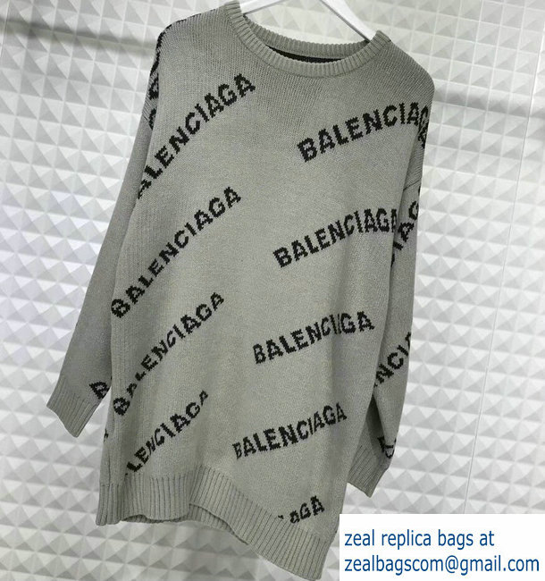 Balenciaga Jacquard All Over Logo Crewneck Sweater Gray 2018 - Click Image to Close