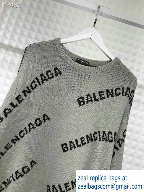 Balenciaga Jacquard All Over Logo Crewneck Sweater Gray 2018 - Click Image to Close