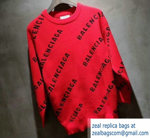 Balenciaga Jacquard All Over Logo Crewneck Sweater Red 2018 - Click Image to Close