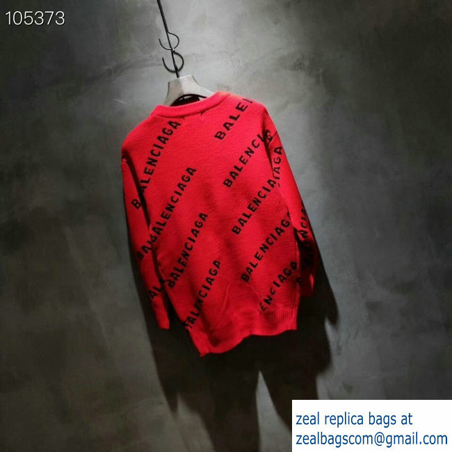 Balenciaga Jacquard All Over Logo Crewneck Sweater Red 2018