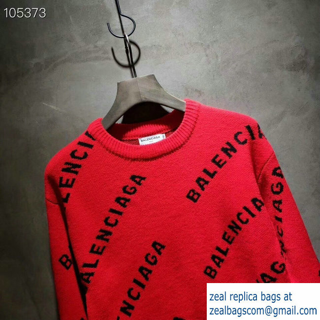 Balenciaga Jacquard All Over Logo Crewneck Sweater Red 2018 - Click Image to Close