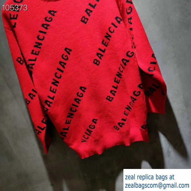 Balenciaga Jacquard All Over Logo Crewneck Sweater Red 2018 - Click Image to Close