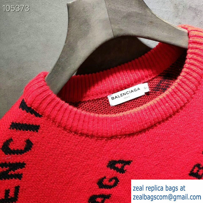 Balenciaga Jacquard All Over Logo Crewneck Sweater Red 2018 - Click Image to Close