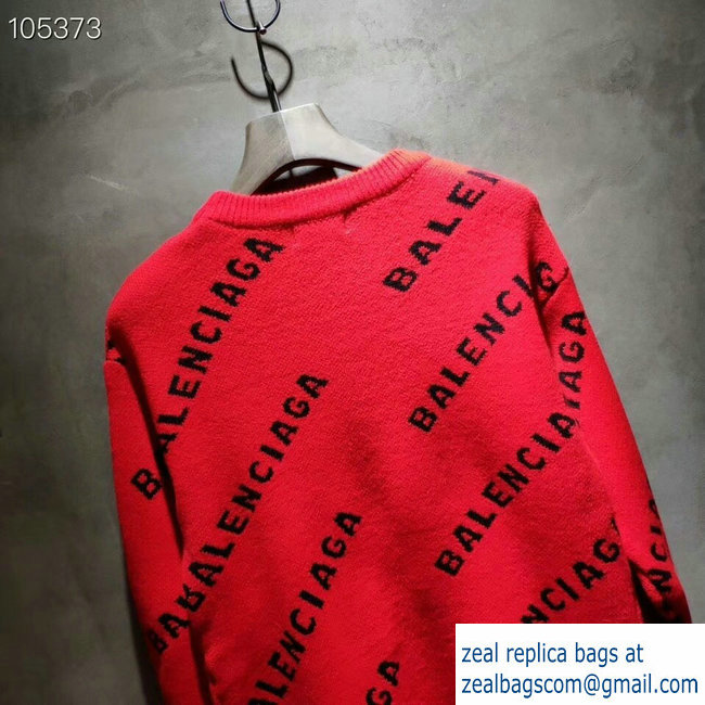 Balenciaga Jacquard All Over Logo Crewneck Sweater Red 2018 - Click Image to Close