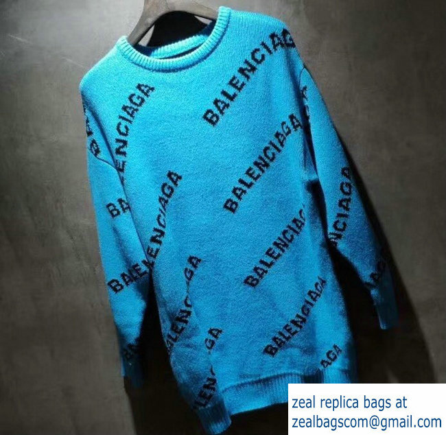 Balenciaga Jacquard All Over Logo Crewneck Sweater Sky Blue 2018 - Click Image to Close