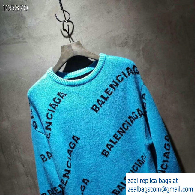 Balenciaga Jacquard All Over Logo Crewneck Sweater Sky Blue 2018 - Click Image to Close