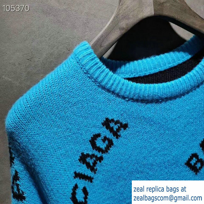Balenciaga Jacquard All Over Logo Crewneck Sweater Sky Blue 2018 - Click Image to Close