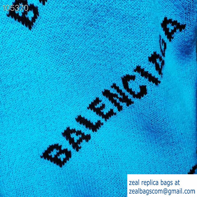 Balenciaga Jacquard All Over Logo Crewneck Sweater Sky Blue 2018 - Click Image to Close