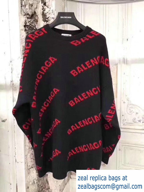 Balenciaga Jacquard All Over Logo Crewneck Sweater black/red 2018 - Click Image to Close