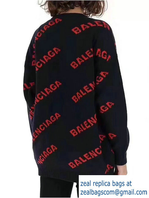 Balenciaga Jacquard All Over Logo Crewneck Sweater black/red 2018 - Click Image to Close