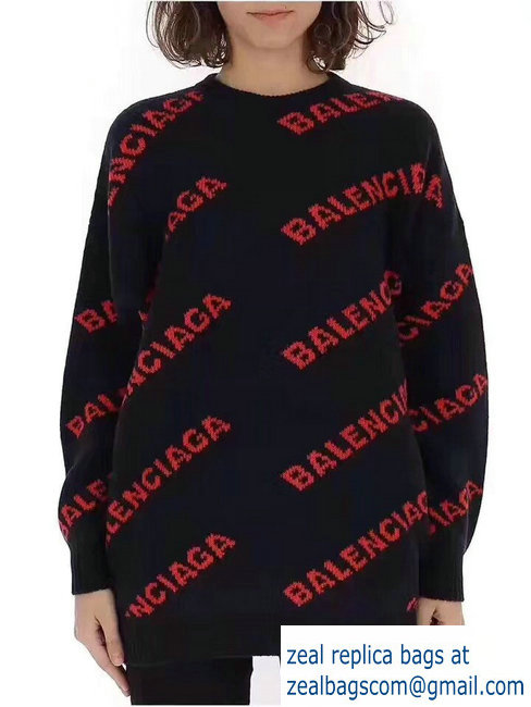Balenciaga Jacquard All Over Logo Crewneck Sweater black/red 2018 - Click Image to Close