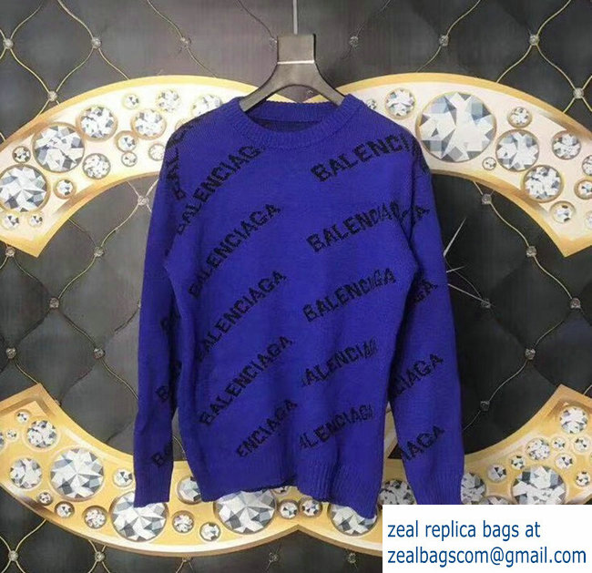 Balenciaga Jacquard All Over Logo Crewneck Sweater cobalt Blue 2018 - Click Image to Close