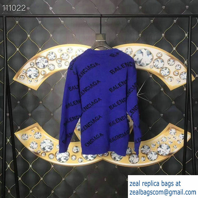 Balenciaga Jacquard All Over Logo Crewneck Sweater cobalt Blue 2018 - Click Image to Close