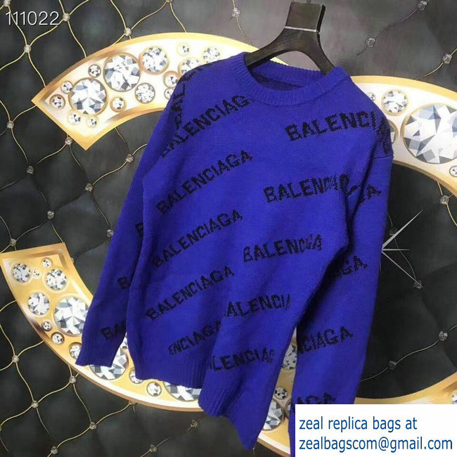 Balenciaga Jacquard All Over Logo Crewneck Sweater cobalt Blue 2018 - Click Image to Close