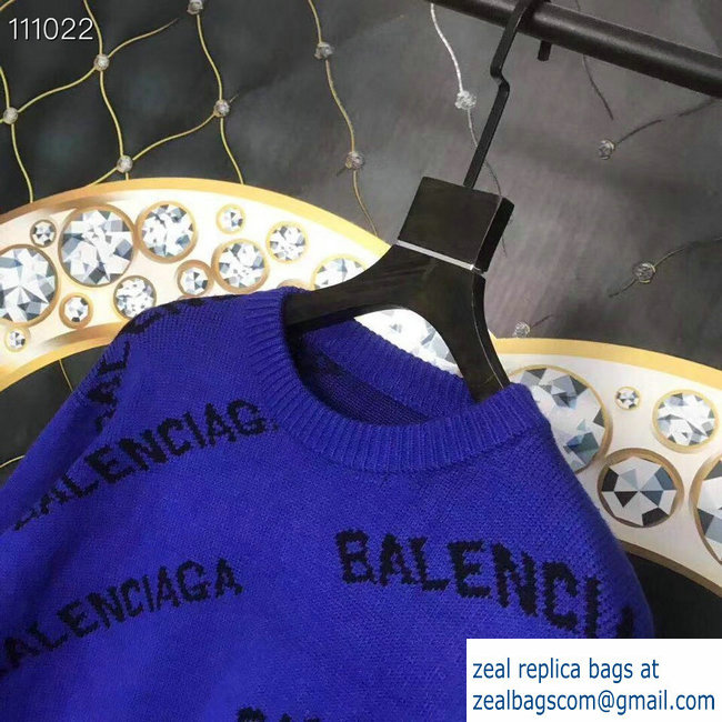 Balenciaga Jacquard All Over Logo Crewneck Sweater cobalt Blue 2018 - Click Image to Close