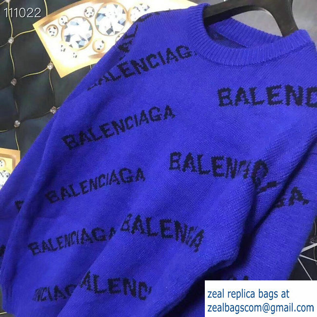 Balenciaga Jacquard All Over Logo Crewneck Sweater cobalt Blue 2018 - Click Image to Close