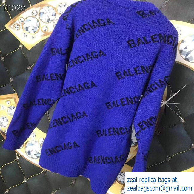 Balenciaga Jacquard All Over Logo Crewneck Sweater cobalt Blue 2018 - Click Image to Close