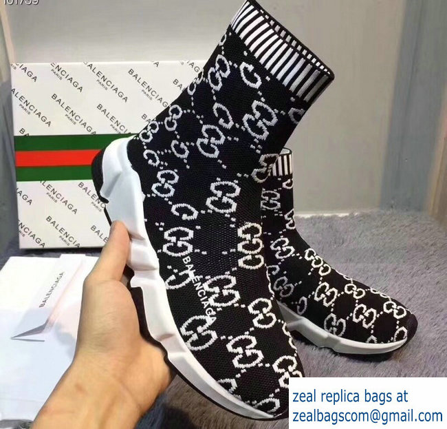 Balenciaga x Gucci GG Knit Sock Speed Trainers Lovers Sneakers Black 2018 - Click Image to Close