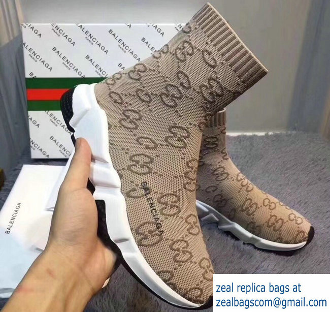 Balenciaga x Gucci GG Knit Sock Speed Trainers Lovers Sneakers Light Brown 2018 - Click Image to Close