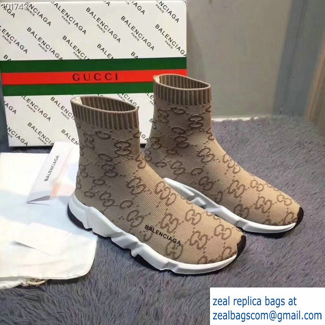 Balenciaga x Gucci GG Knit Sock Speed Trainers Lovers Sneakers Light Brown 2018