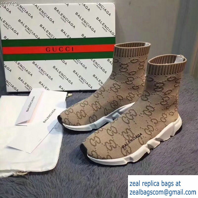 Balenciaga x Gucci GG Knit Sock Speed Trainers Lovers Sneakers Light Brown 2018