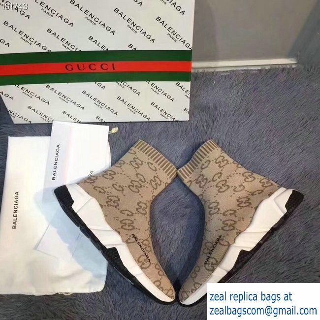 Balenciaga x Gucci GG Knit Sock Speed Trainers Lovers Sneakers Light Brown 2018 - Click Image to Close