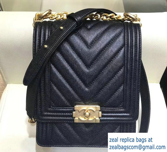 Chanel Boy North/South Small Flap Bag AS0130 Chevron Caviar Leather Black 2018